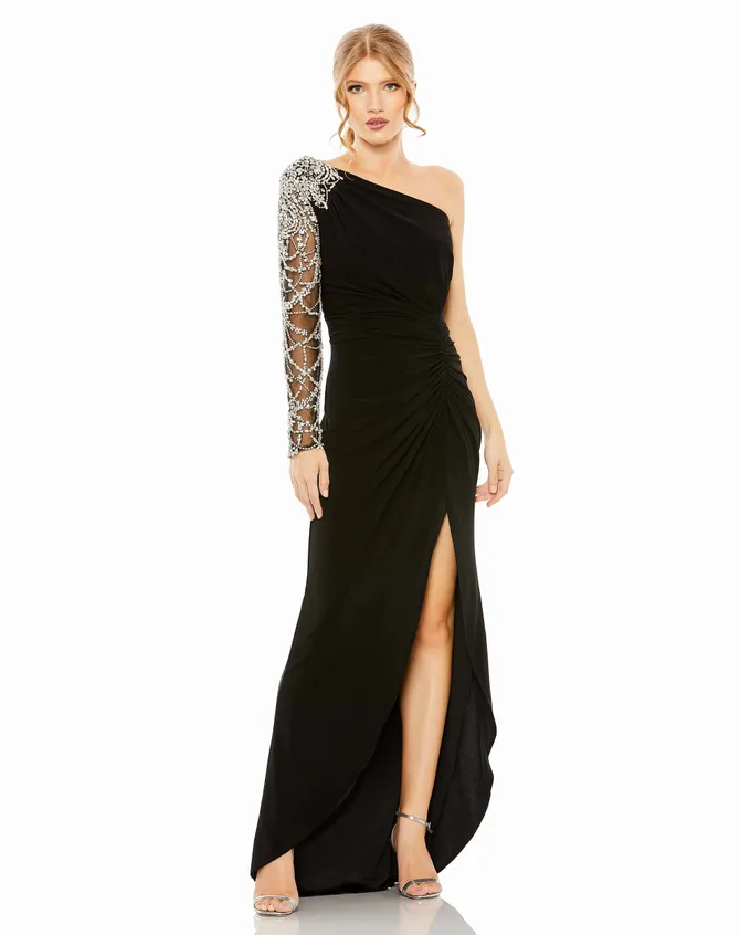 (US発)Mac Duggal Vネック 装飾付き Aラインガウン Sleeveless Self Tie Draped Gown w/ Overlay Train - Mac Duggal