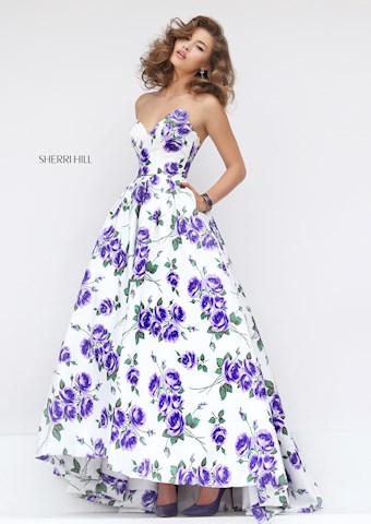 Sherri Hill 50482 #0 default Ivory/Purple Print frontface vertical thumbnail