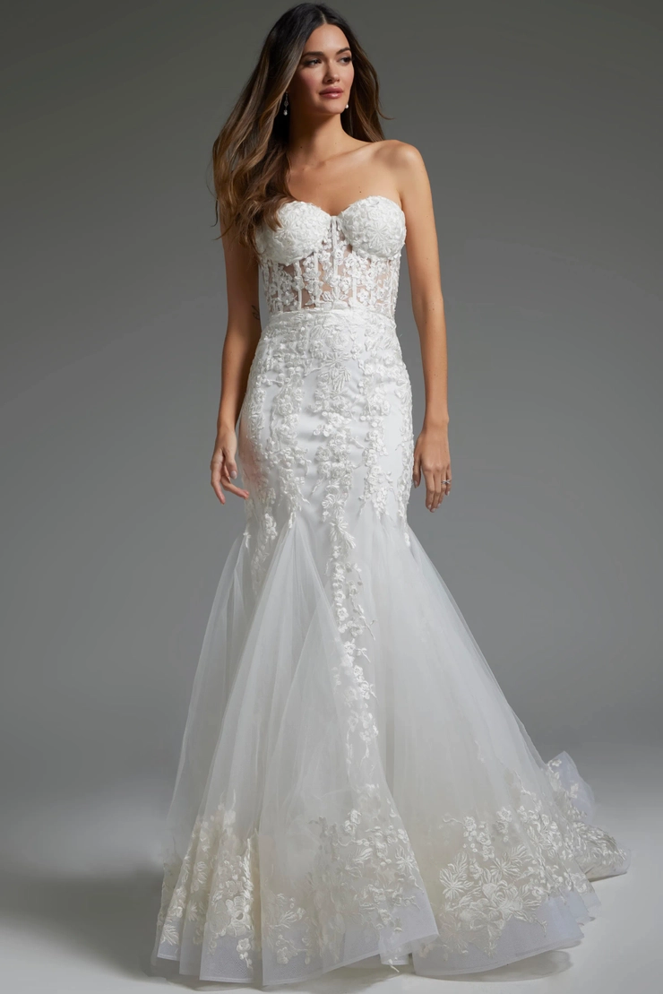 jovani mermaid wedding dresses Strapless Crepe Bridal Gown With Button Detail Train JB49077