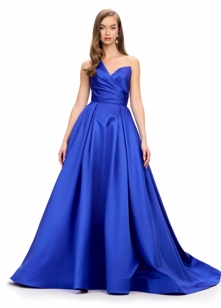 Ashley Lauren Style #11772 One Shoulder Draped Mikado Ball Gown with A-Line Skirt #1 frontface vertical picture