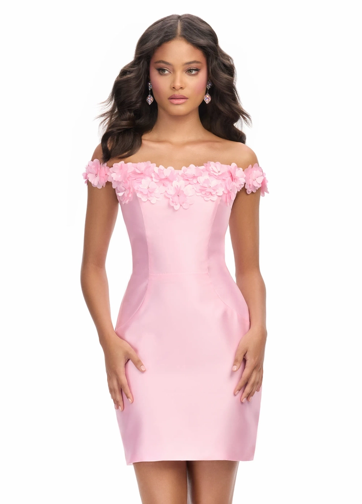 Ashley Lauren Style #4784 Mikado Off Shoulder Cocktail Dress with Flower Detail #1 frontface vertical picture