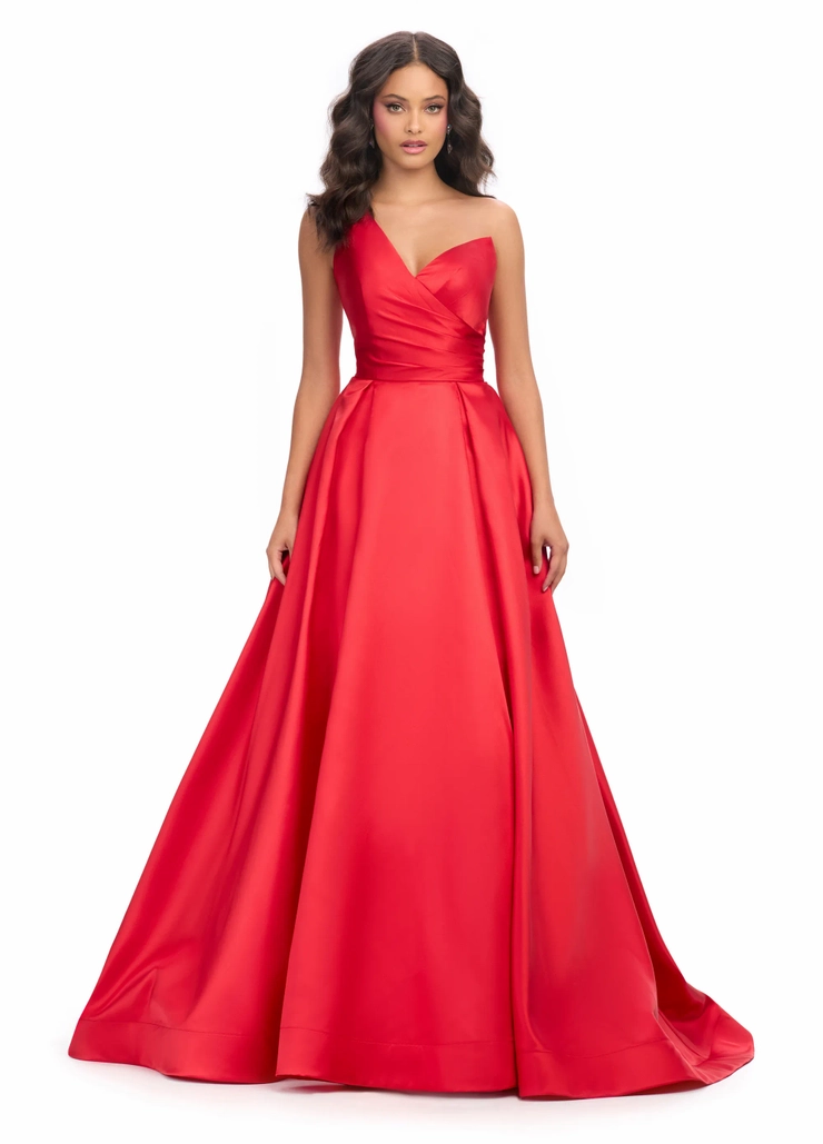 Ashley Lauren Style #11772 One Shoulder Draped Mikado Ball Gown with A-Line Skirt #1 frontface vertical picture