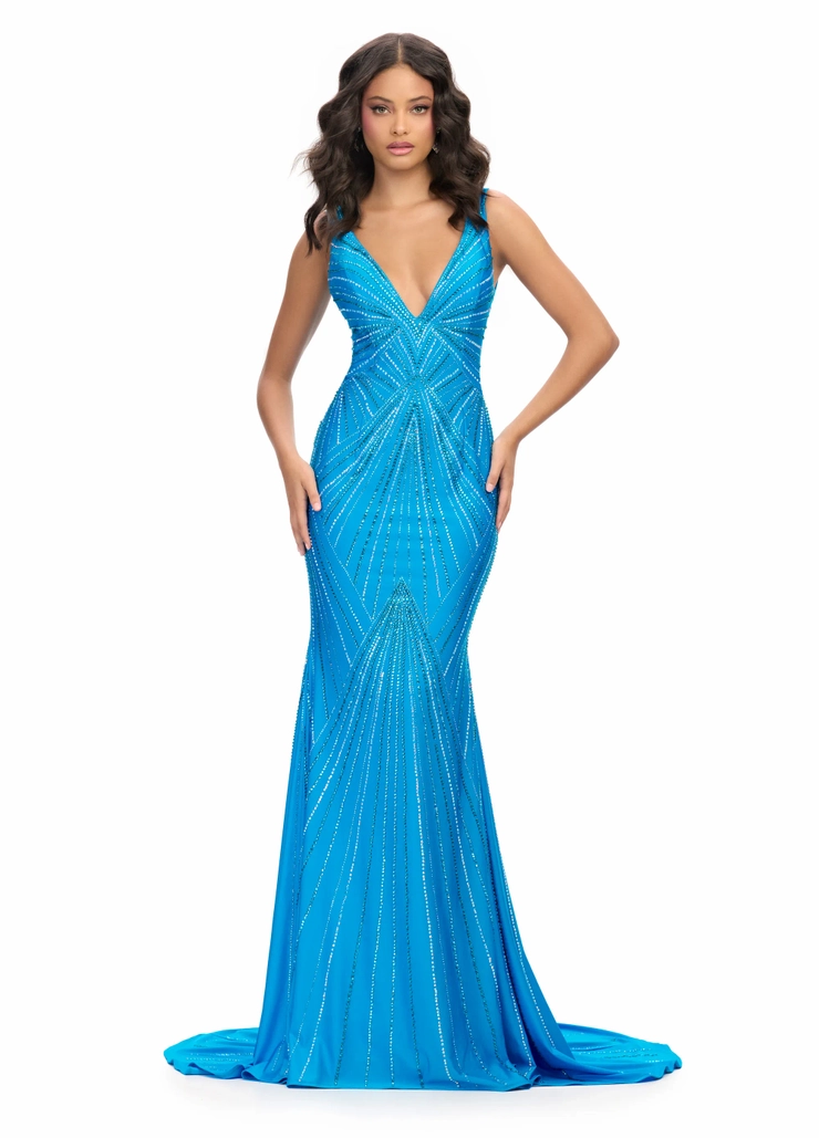 Ashley Lauren Style #11693 Spaghetti Strap Jersey Gown with Press On Stones and V-Back #1 frontface vertical picture