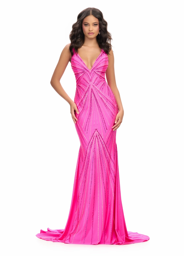 Ashley Lauren Style #11693 Spaghetti Strap Jersey Gown with Press On Stones and V-Back #1 frontface vertical picture