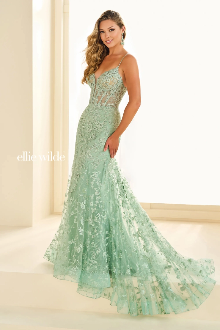 EW36008 Sweetheart Sequin‑Lace & Glitter‑Tulle Fit‑and‑Flare Prom Dress with Corset Lace‑Up #11 Sage vertical picture
