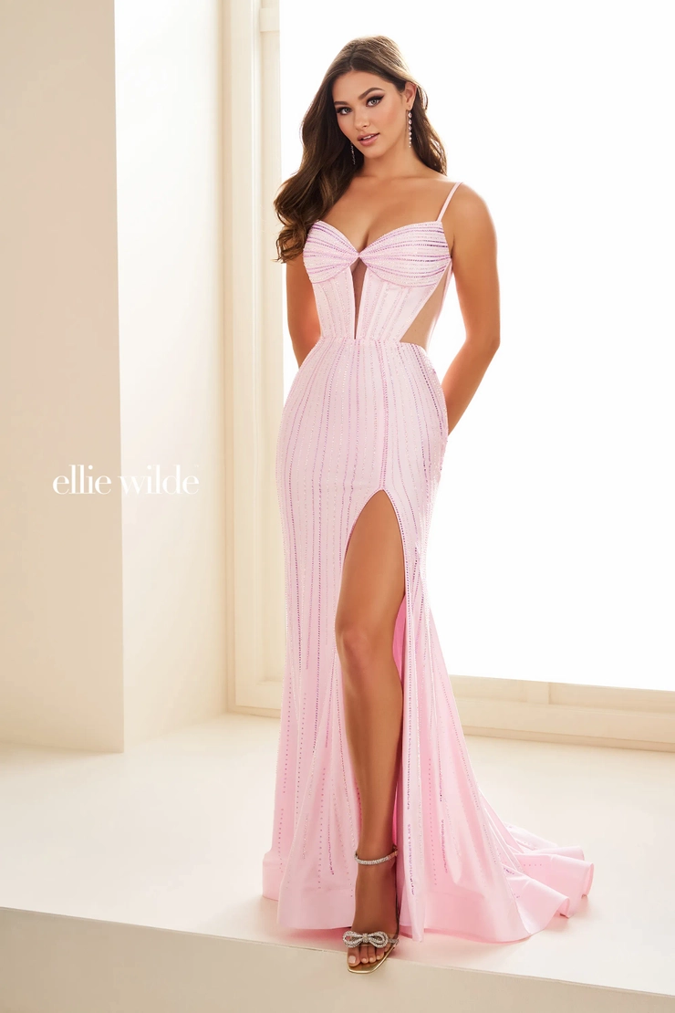 EW36052 Glamorous mermaid gown with sweetheart neckline, corset bodice, and daring slit #11 Sakura Pink frontface vertical picture