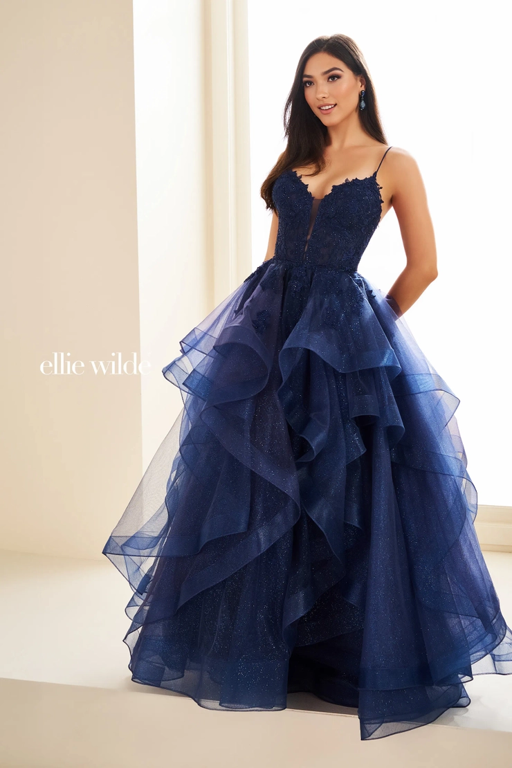 EW36203 Fairytale ball gown with sweetheart neckline and sparkling tulle skirt #10 Navy Blue frontface vertical picture
