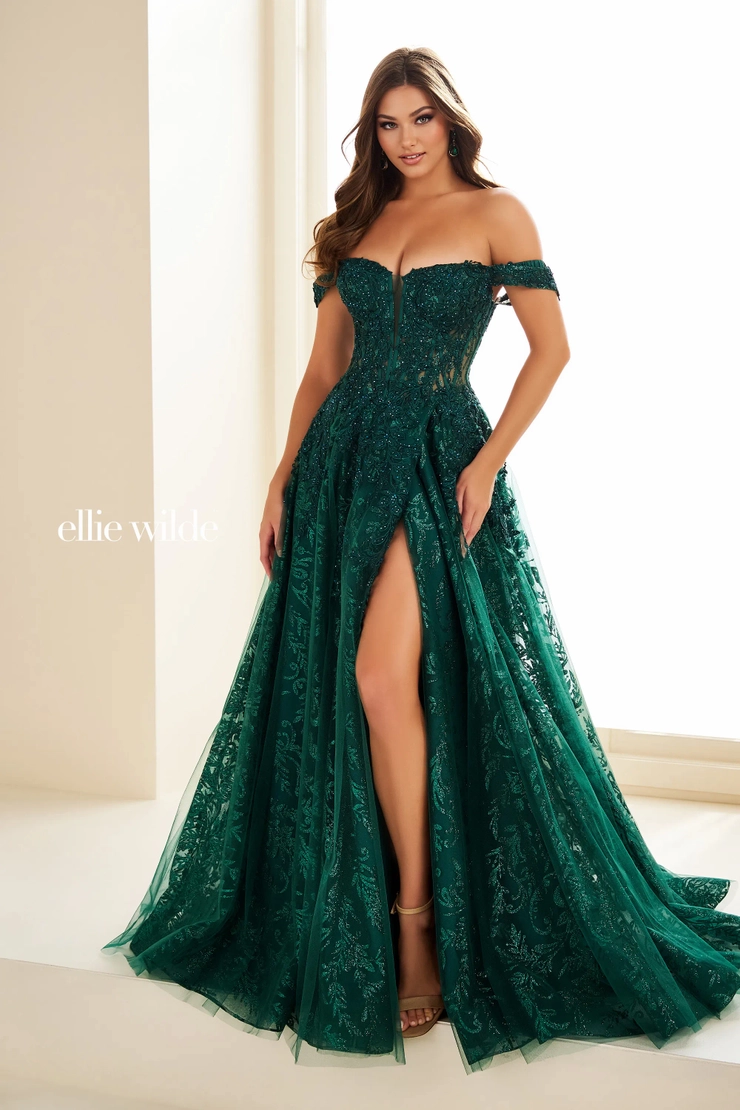 EW36209 Off-the-Shoulder Elegance with a Touch of Sparkle #3 Emerald frontface vertical picture