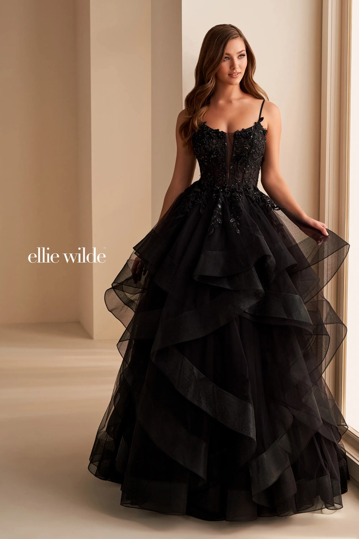 EW36225 Layers of Glamour Beaded Lace Ball Gown with 3D Floral Corset Bodice #2 Black frontface vertical picture
