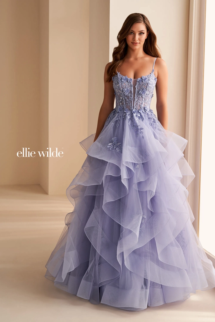 EW36225 Layers of Glamour Beaded Lace Ball Gown with 3D Floral Corset Bodice #5 Blue Haze frontface vertical picture