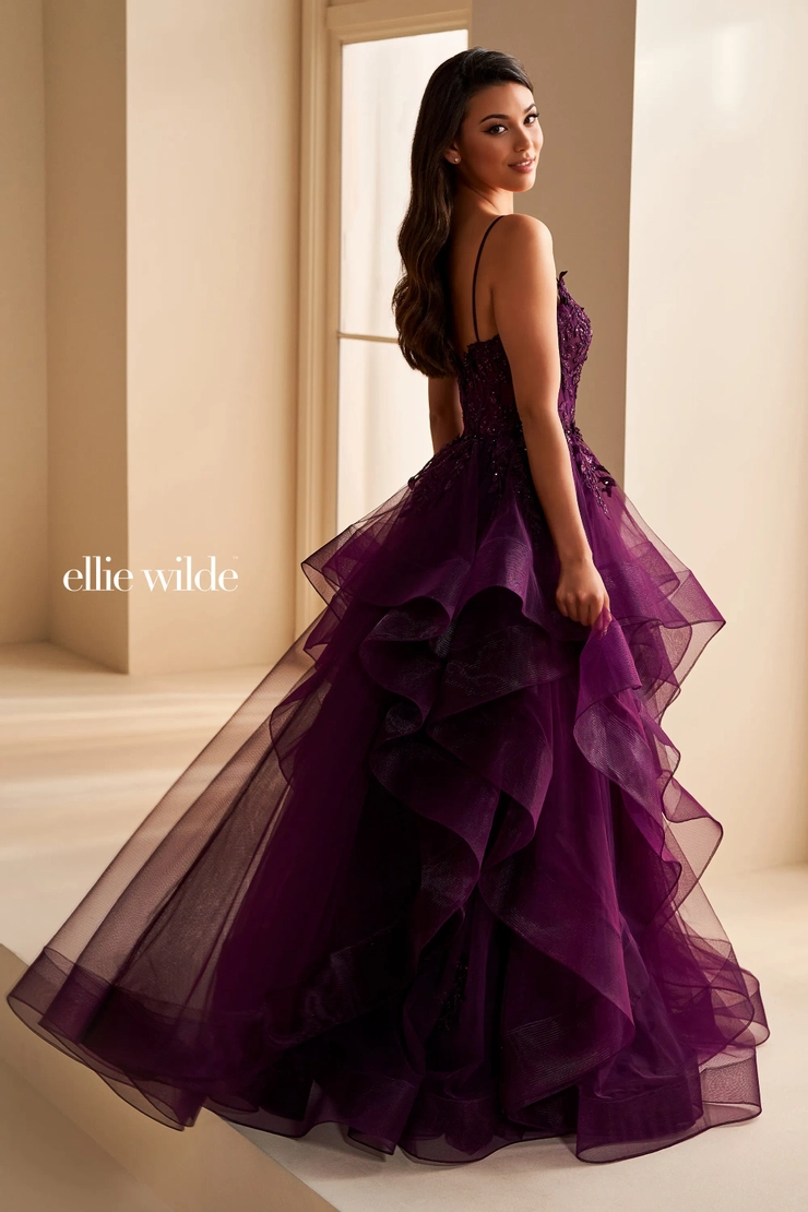 EW36225 Layers of Glamour Beaded Lace Ball Gown with 3D Floral Corset Bodice #6 default Dark Plum backface vertical picture