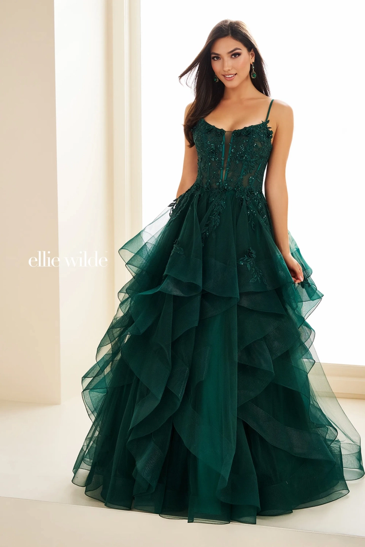 EW36225 Layers of Glamour Beaded Lace Ball Gown with 3D Floral Corset Bodice #7 Emerald frontface vertical picture