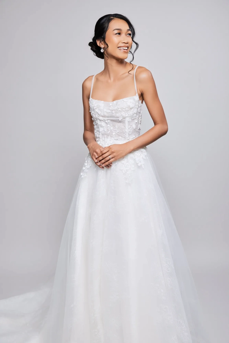 strapless open back dress Cheap Tulle A-line Sweetheart Long Wedding Dresses with Lace Appliques –  Musebridals main image 1