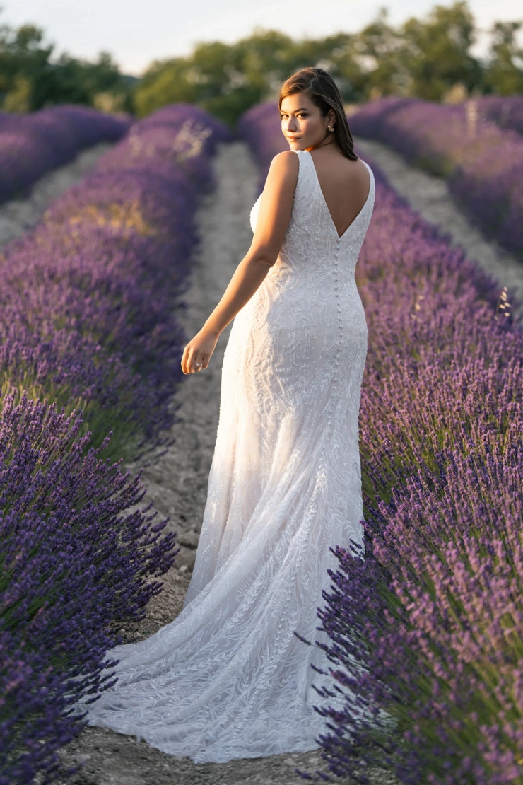 open lace back dress Plus Size Amber Bloom Floor Length Wedding Guest Dress with V-Neck and Slit