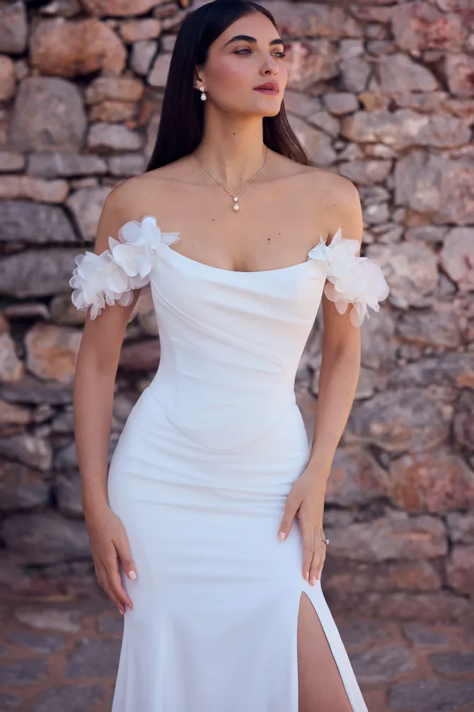 Off-the-Shoulder Straps with 3D Organza Flowers | Sophia Tolli Y3189SL