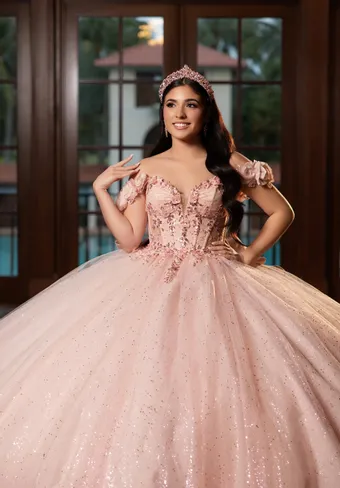 Vizcaya by Morilee 89523 Floral Embroidered Tulle Ball Gown Draped Bodice Quinceanera Dress with Three Dimensional Flowers #7 frontface vertical cropped thumbnail