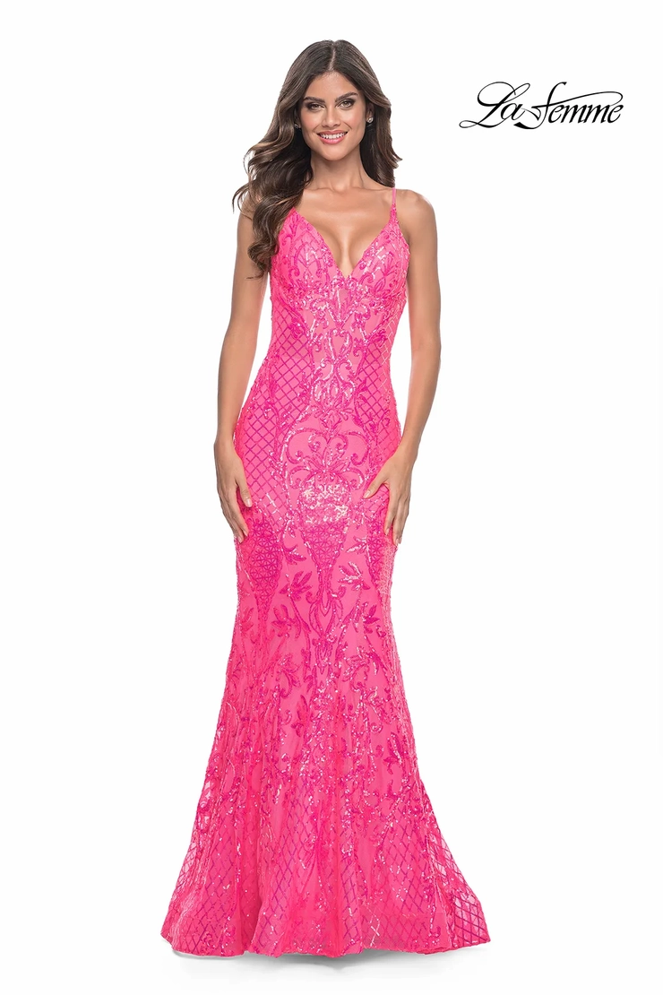 open lace back dress La Femme 32328 Sleeveless Corset Bodice Prom Dress