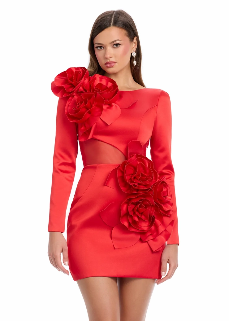 Ashley Lauren Style #4805 Cocktail Gown with Asymmetrical Floral Details #1 frontface vertical picture