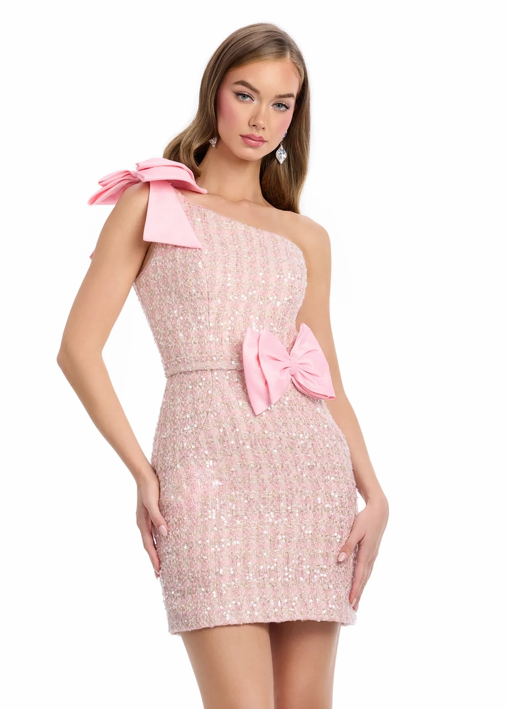Ashley Lauren Style #4806 Tweed Cocktail Dress with Asymmetrical Bows #1 frontface vertical picture