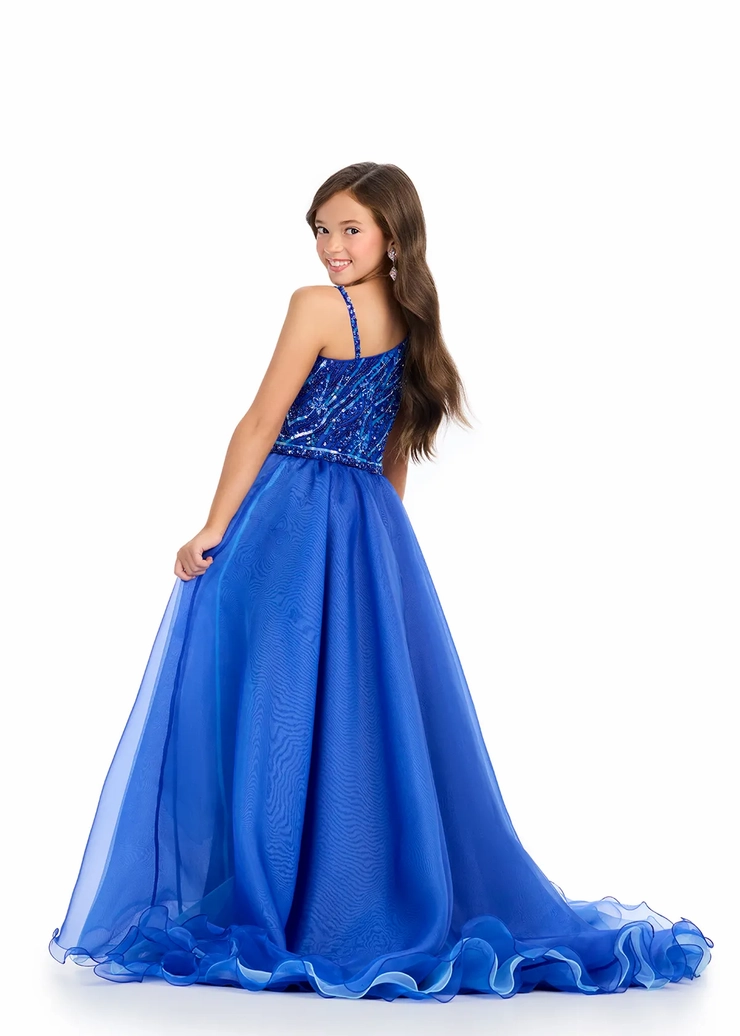 Ashley Lauren Style #8290 Kids One Shoulder Beaded High-Low with Organza Skirt #3 backface vertical picture