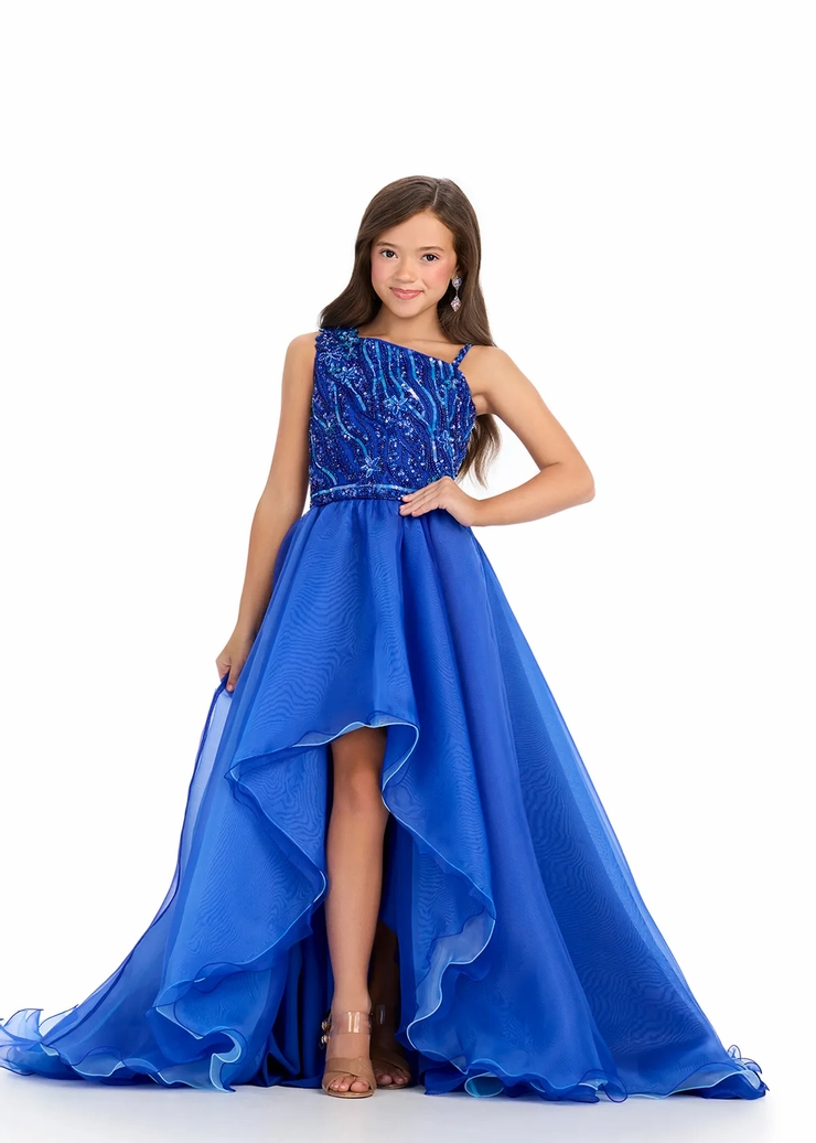 Ashley Lauren Style #8290 Kids One Shoulder Beaded High-Low with Organza Skirt #1 frontface vertical picture