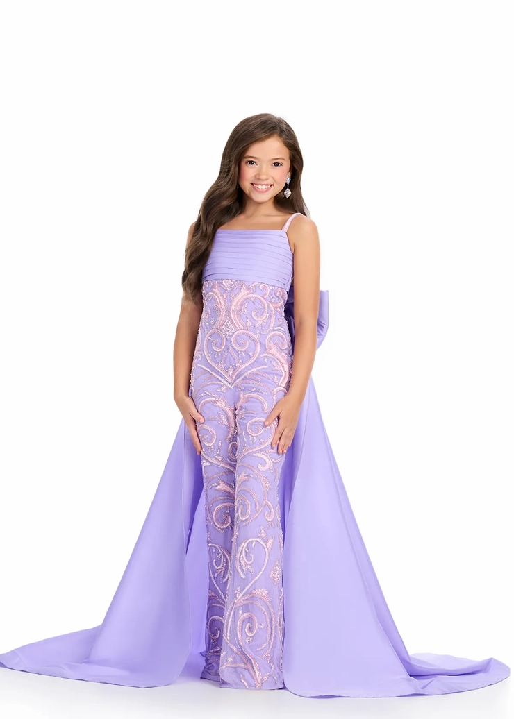 Ashley Lauren Style #8292 Kids Fully Beaded Jumpsuit with Taffeta Overskirt and Bow #1 frontface vertical picture