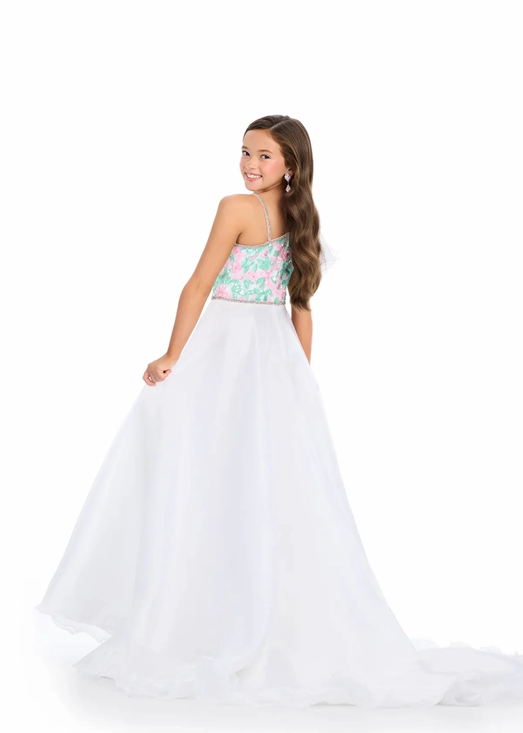 Ashley Lauren Style #8300 Kids One Shoulder Ball Gown with Beaded Bustier and Organza Skirt #3 backface vertical picture