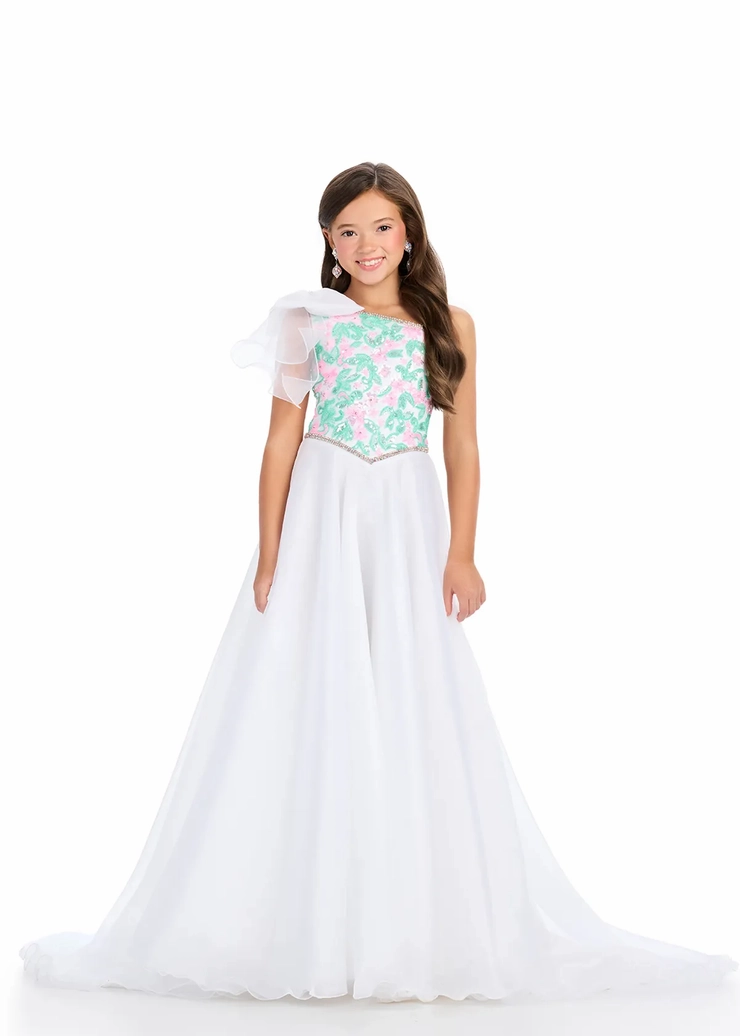 Ashley Lauren Style #8300 Kids One Shoulder Ball Gown with Beaded Bustier and Organza Skirt #1 frontface vertical picture
