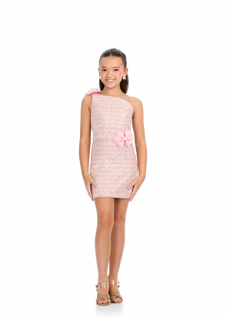 Ashley Lauren Style #8303 Kids One Shoulder Tweed Cocktail Dress with Bows #1 frontface vertical picture