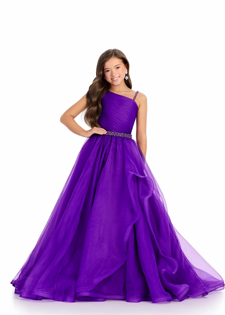Ashley Lauren Style #8310 Kids One Shoulder Organza Ball Gown with Beaded Belt #1 frontface vertical picture