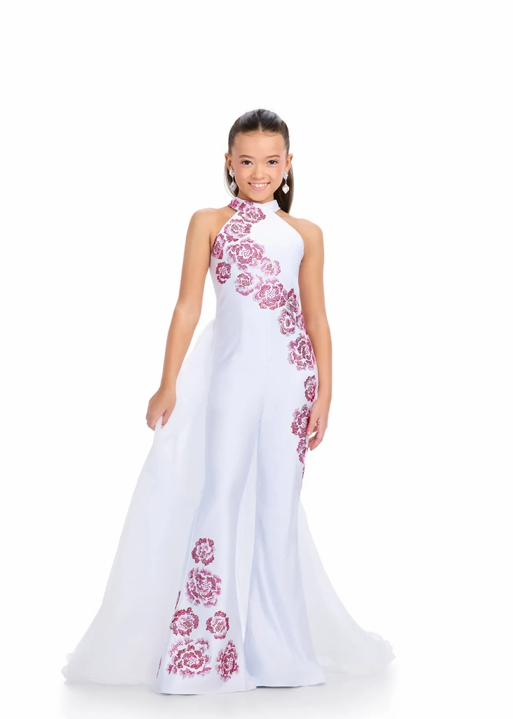 Ashley Lauren Style #8311 Kids Jersey Jumpsuit with Halter Neckline and Organza Side Skirt #1 frontface vertical picture