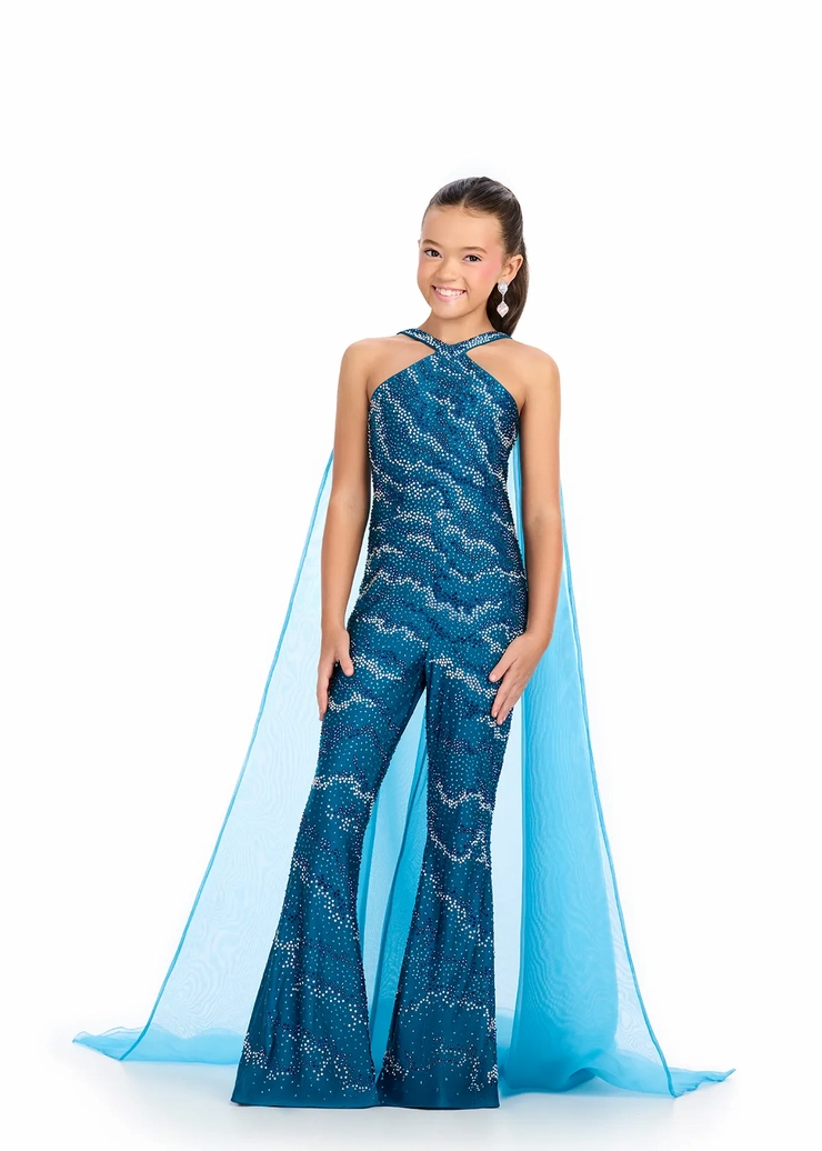 Ashley Lauren Style #8312 Kids Jersey Jumpsuit with Halter Neckline and Cape #1 frontface vertical picture