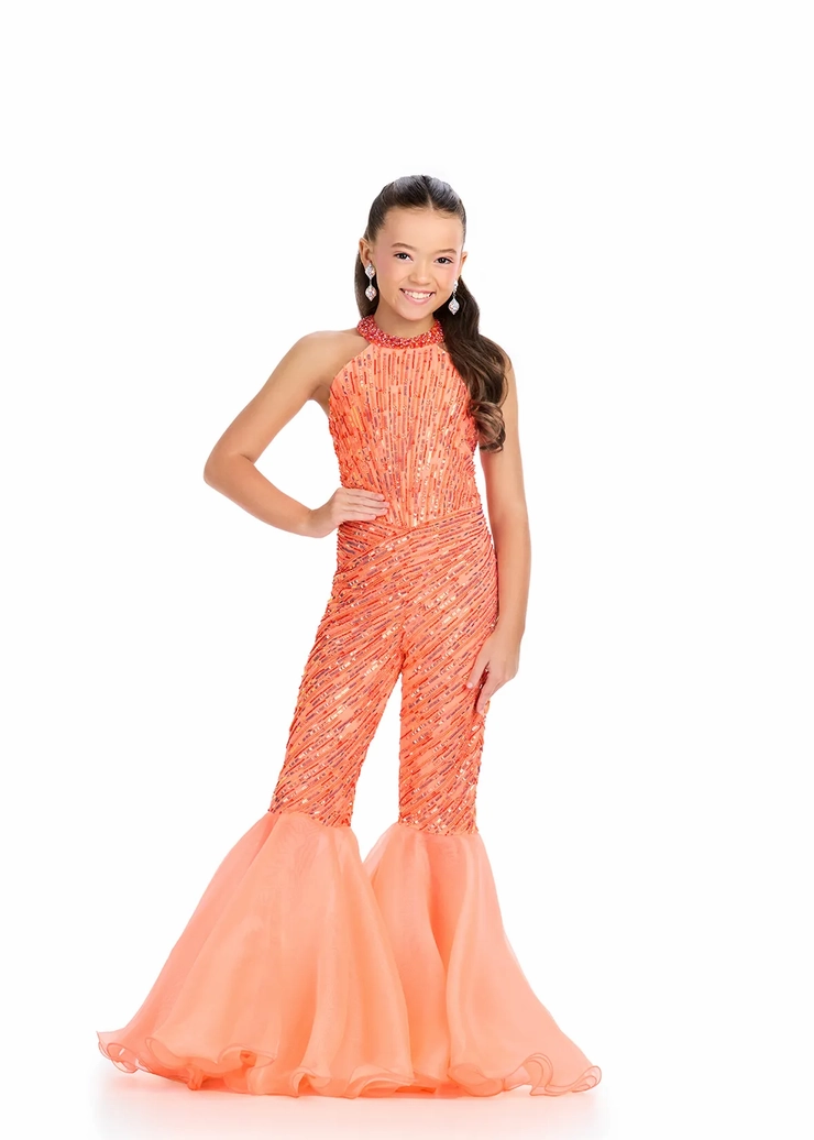Ashley Lauren Style #8318 Kids Beaded Jumpsuit with Halter Neckline and Organza Flare Pants #1 frontface vertical picture