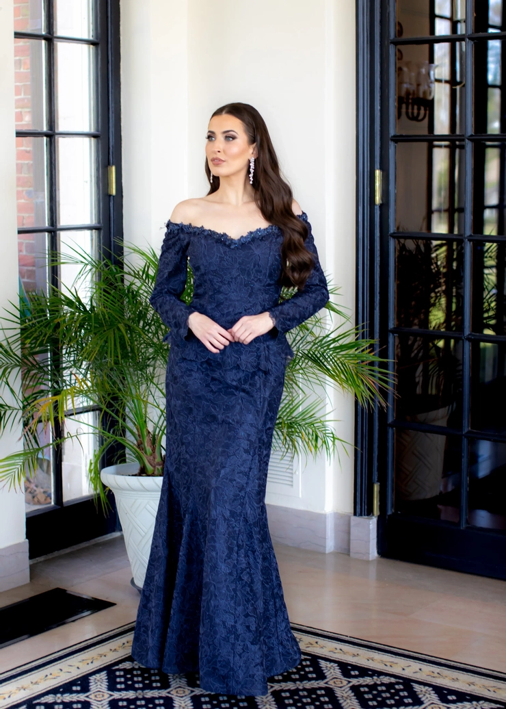 tina blue dress Tina Mikado Off the Shoulder Overlay Floor Length Dress