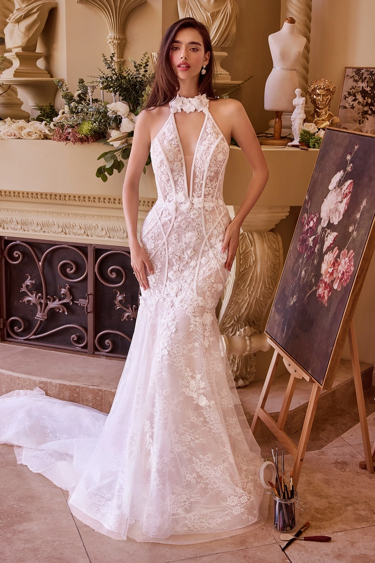 halter lace mermaid wedding dress Ivory High Neck Halter Lace Wedding Dress - Open Back Mermaid Wedding Dress with Floral Embroidery Plus Size