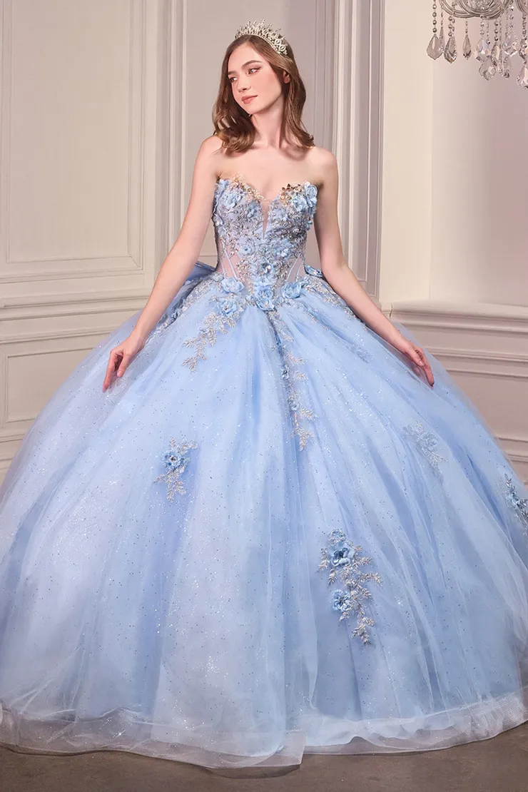 cinderella blue quinceanera dresses Blue Tulle Ball Quinceanera Dresses 3D Flowers Cinderella 16 Birthday Prom  Dress