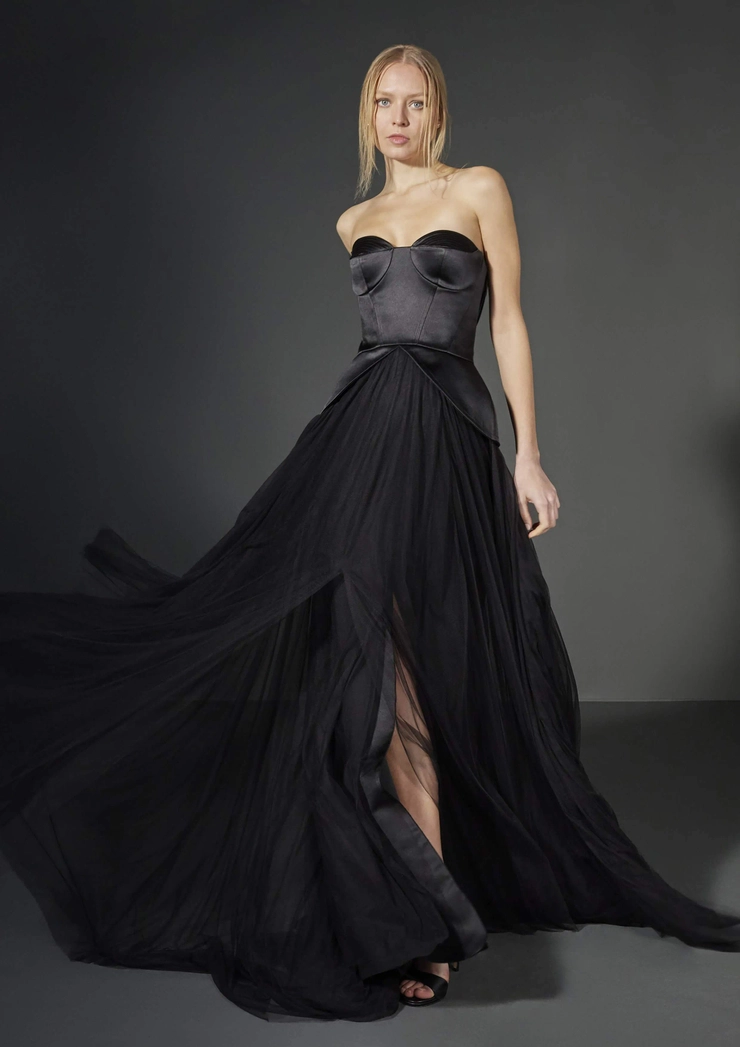 formal vera wang dresses Work Semi-Formal Dress Black and White Lapel V-Neck Maxi Dress – Loveiss main image 0