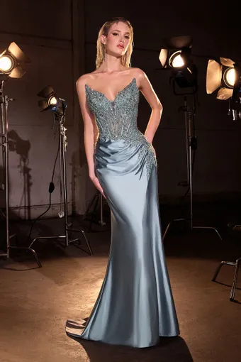 Ladivine by Cinderella Divine CD714   Mermaid Gown with Beaded Bodice & High Slit #2 frontface vertical thumbnail