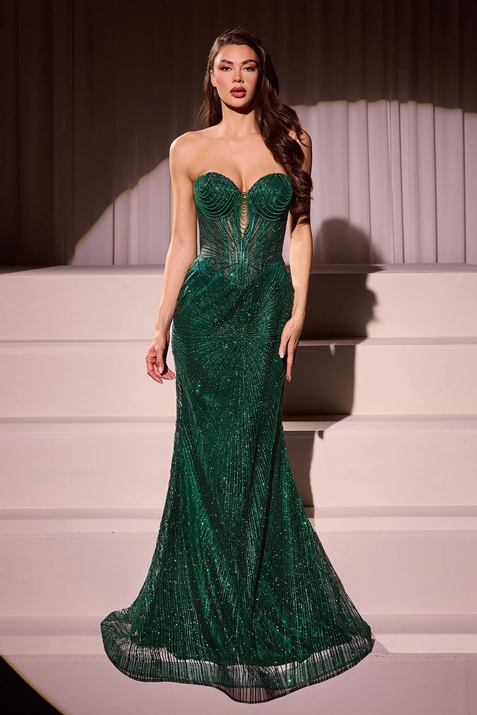lærke Lindoe Fitted Glitter Print Strapless Slit Gown by Ladivine J872