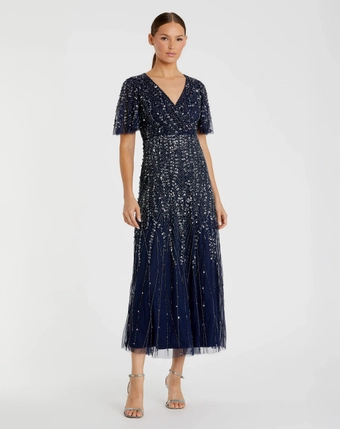 限定!!Mac Duggal フローラルモチーフ ロングドレス Navy Beaded Wrap Over Butterfly Sleeve Dress | Mac Duggal