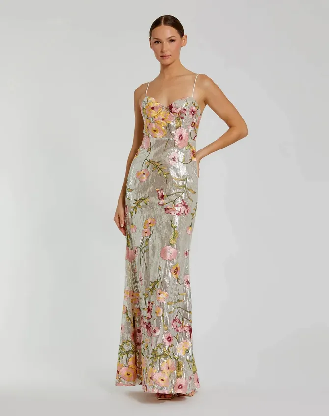 Mac Duggal◆花柄 刺繍 Vネック ガウン ロングドレス MAC DUGGAL】ロング ドレス フリル 花柄刺繍 Vネック ブラック