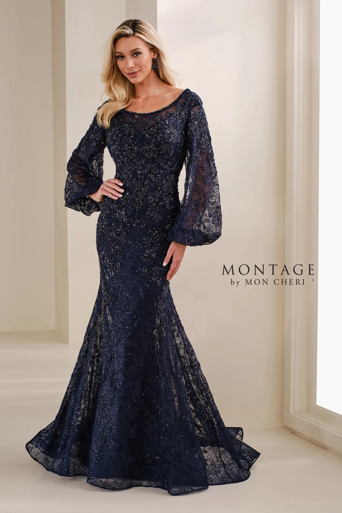 Long Sleeves Mermaid Chiffon Gown with Slit Dark Navy main image 1