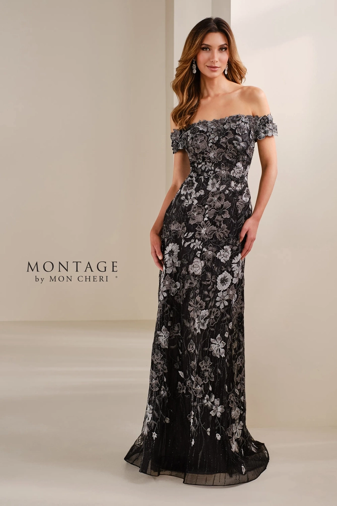 Embroidered Bodice Tiered Tulle A-Line Gown Black main image 0
