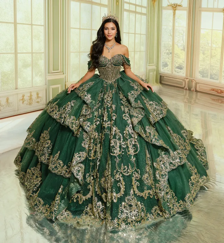 Princesa by Ariana Vara Style #PR30205 #1 Emerald/Gold frontface vertical picture