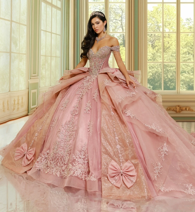 Chandelier sleeve quinceanera ball gown with stunning bow accents Chandelier sleeve quinceanera ball gown with stunning bow accents