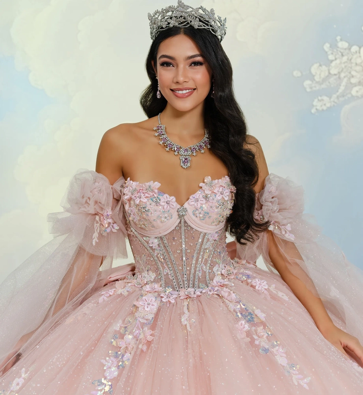 Dramatic ruffled-hem quinceañera gown with a glitter-tulle skirt