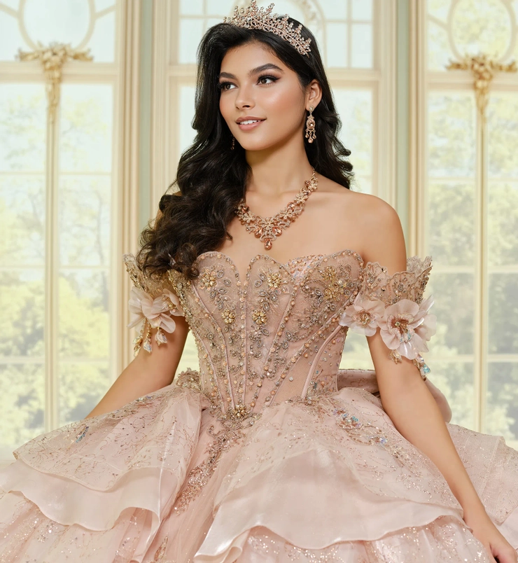 Off-the-Shoulder Sculpted Ball Gown with 3D Organza Flowers