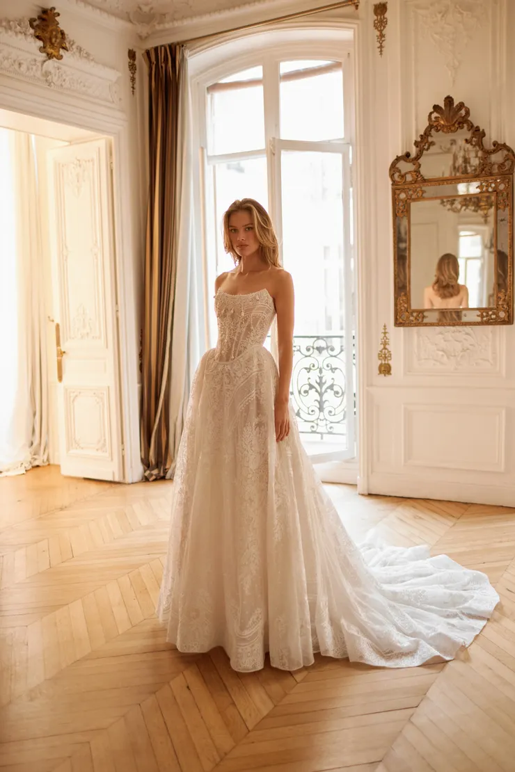elegant long dress with sleeves Elegant Illusion Long Sleeve High Neck A-Line Wedding Dress With Pearl EU38