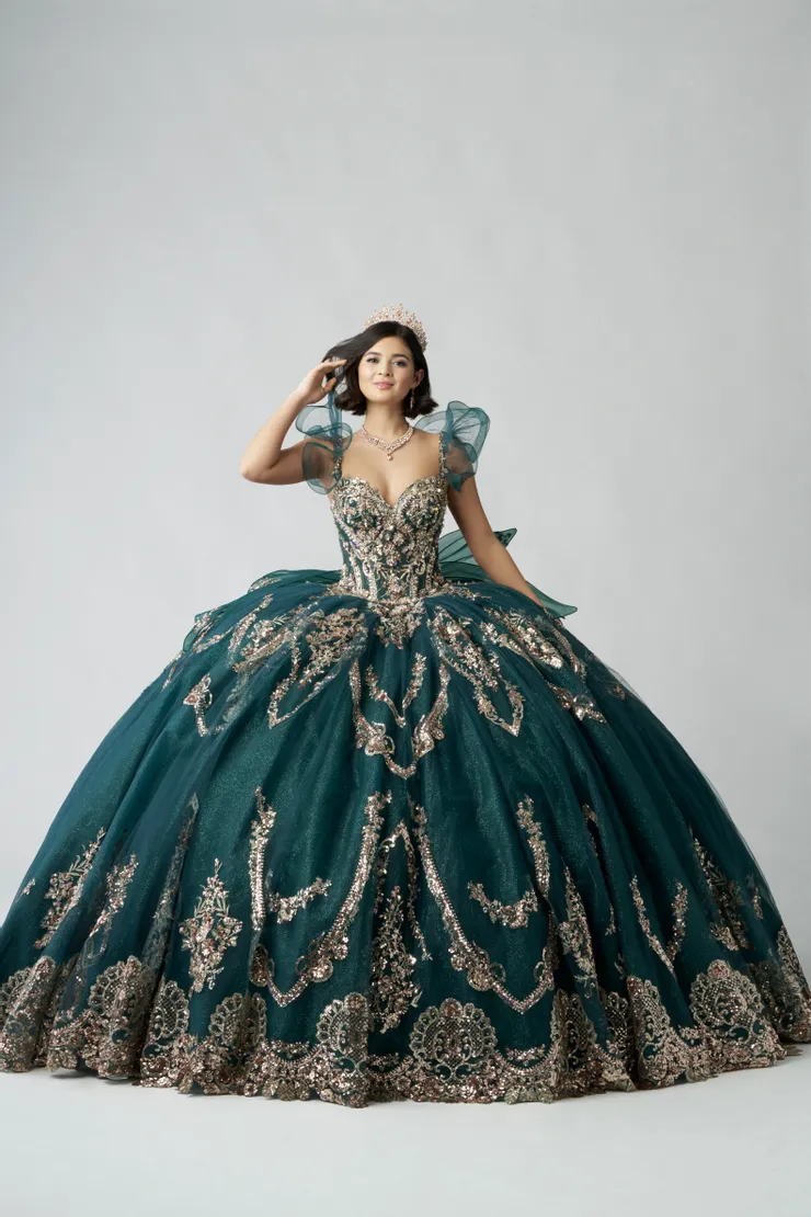 AmaBella Quinceanera Style #Q1053 #15 Emerald/Gold frontface vertical picture