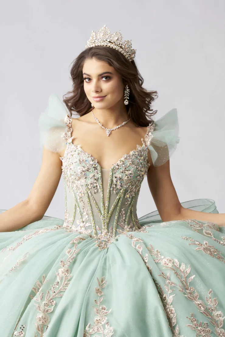 AmaBella Quinceanera Style #Q1057 #15 Sage frontface vertical cropped picture